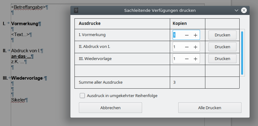 Der Dialog "Wollmux Komfortdruck"erscheint über die Schaltfläche"Datei direkt drucken" oder den Menüeintrag "Drucken"
